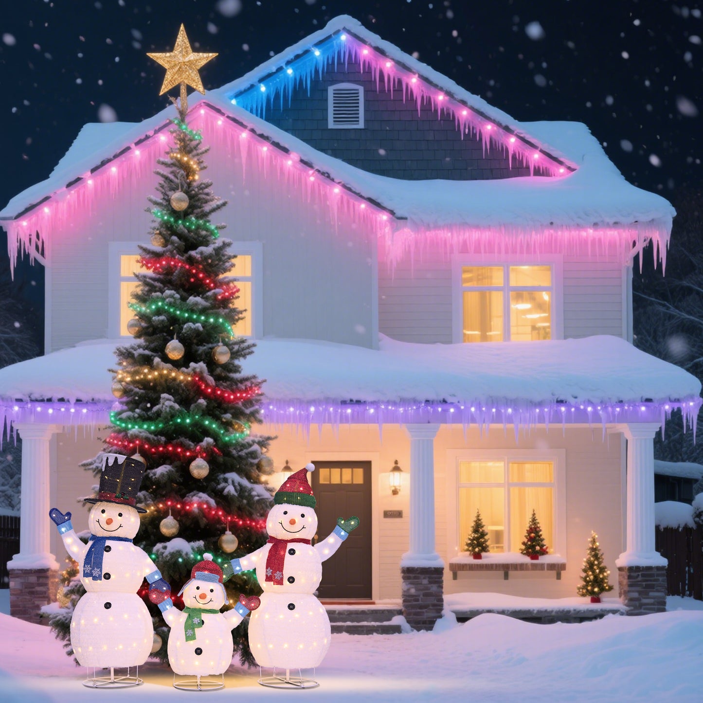 White Plush Lantern Set of 3 Snowmen, Warm White LED Lights, Transformer with 2m Cord, Indoor/Outdoor Holiday Décor 62" 60" 35"
