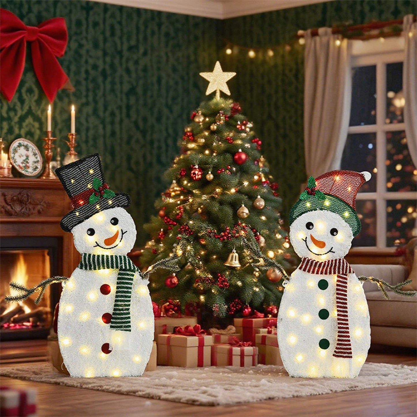 Set of 2 Heart Shaped Snowmen with Warm LED Lights Indoor Outdoor Christmas Decoration
