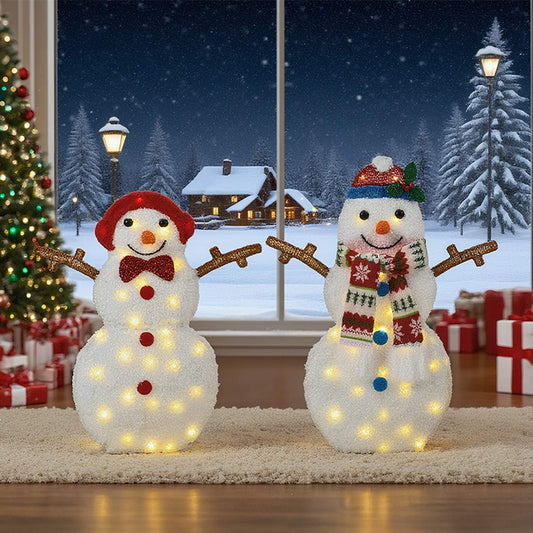 Set of 2 Snowmen with Warm White Cord Lights 24" & 28" Height