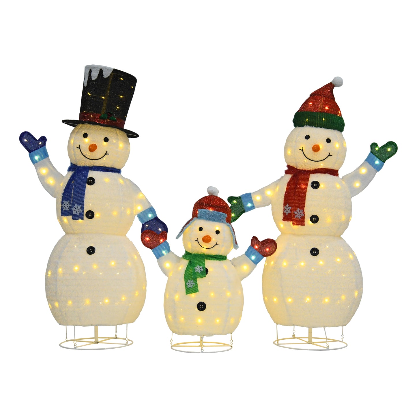 White Plush Lantern Set of 3 Snowmen, Warm White LED Lights, Transformer with 2m Cord, Indoor/Outdoor Holiday Décor 62" 60" 35"