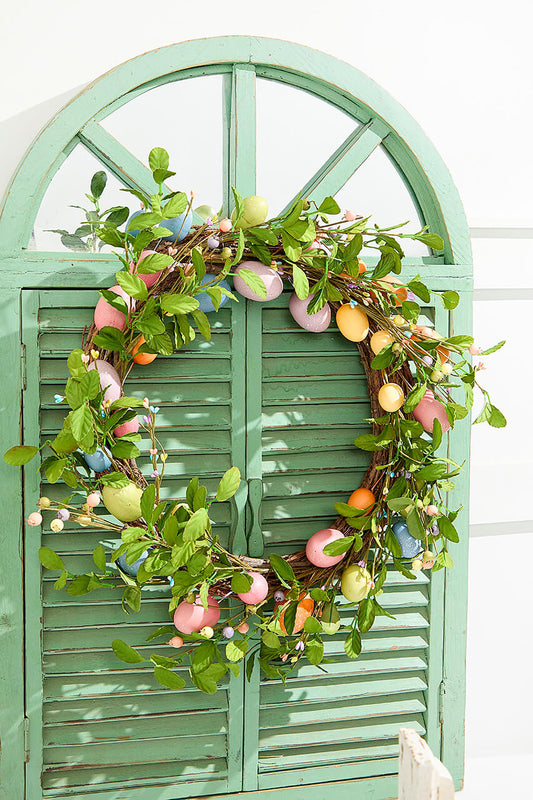 16" Easter Egg Wreath Spring Front Door Decor with Pastel Eggs and Floral Accents