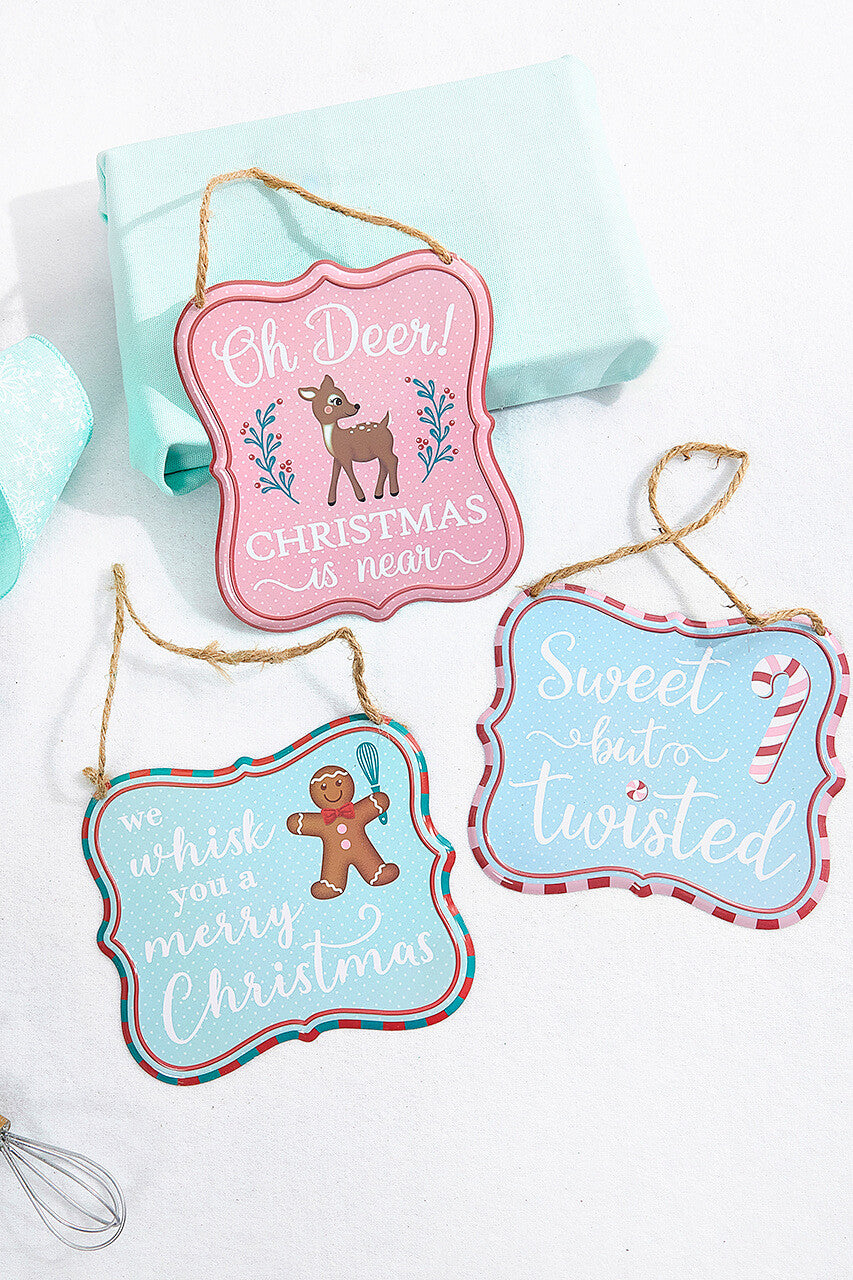7 Inch x 6 Inch Light Blue/Pink Christmas Embossed Sign Holiday Decoration