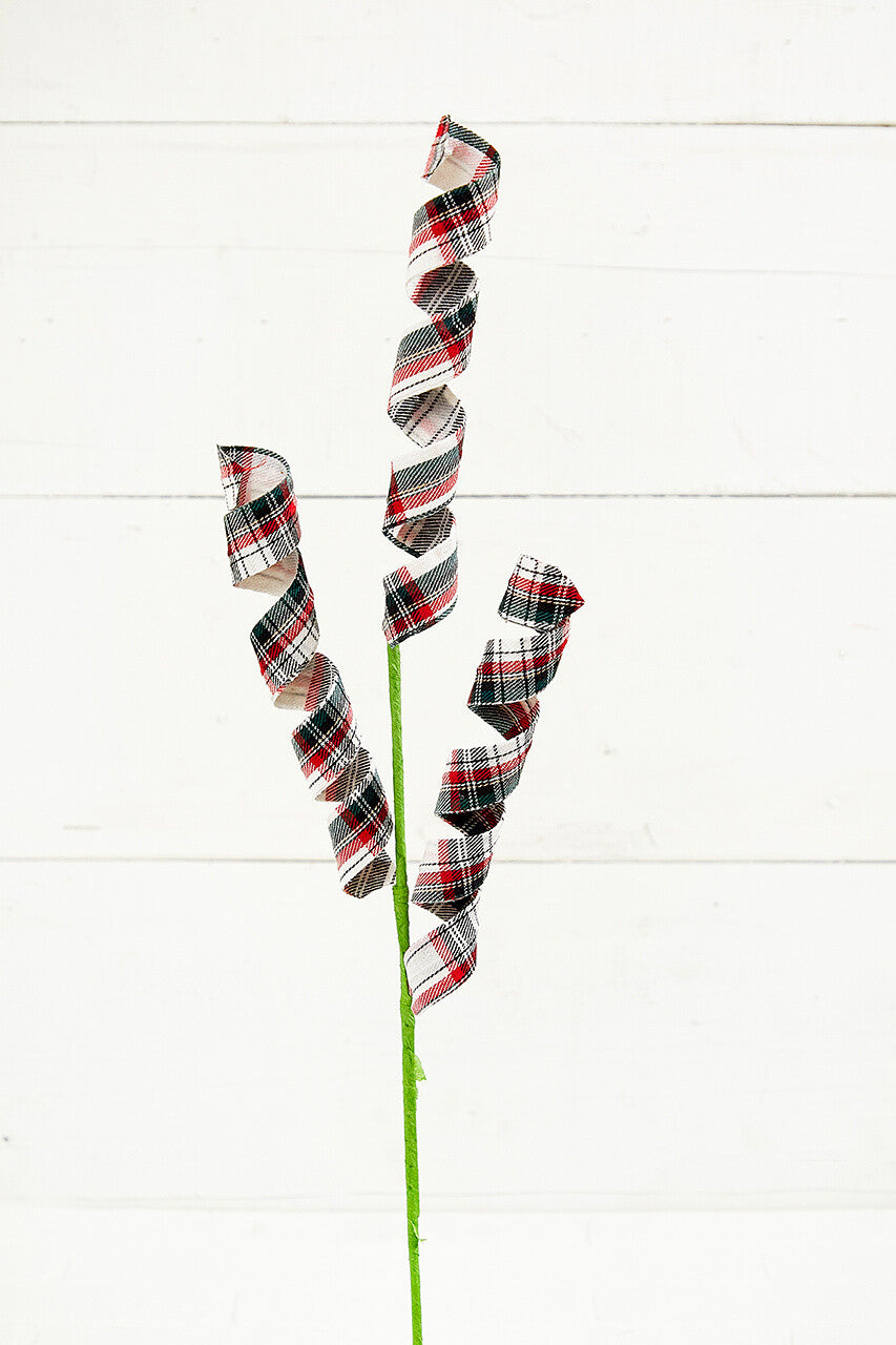 24" Plaid Curly Spray Festive Red and Green Decorative Pick for Christmas Arrangements and Holiday Displays