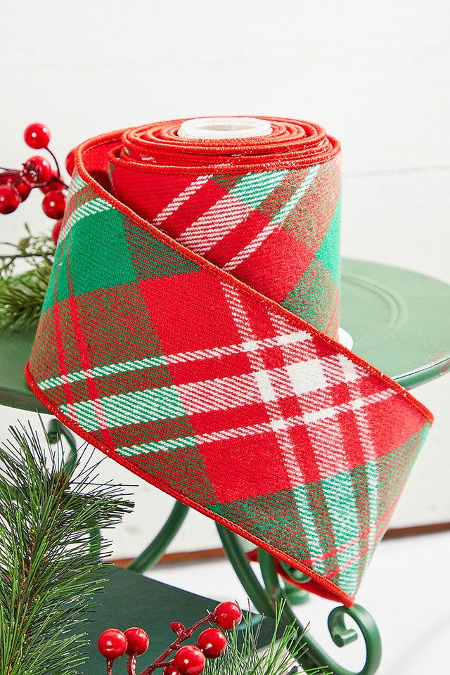 4" x 5 Yards Red Green White Holiday Plaid Ribbon Classic Christmas Wired Trim