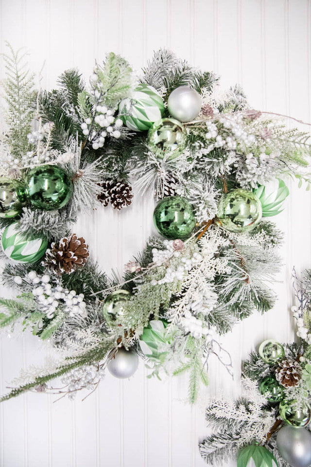 24” Christmas Pine and Ornament Wreath Holiday Front Door Wreath with Red Balls and Greenery