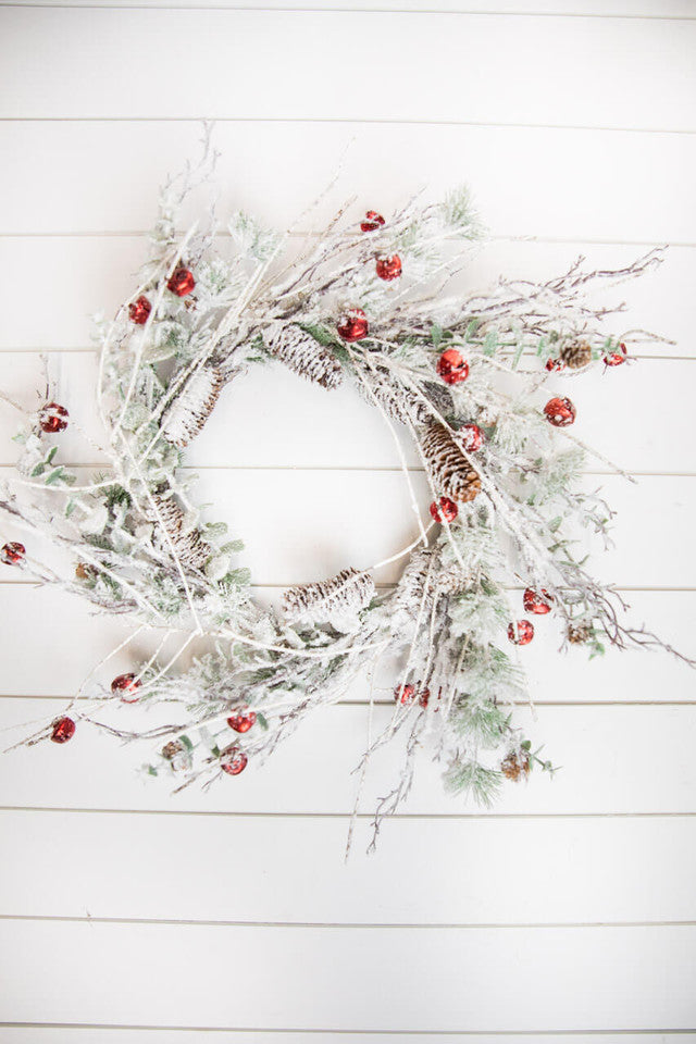 24” Christmas Flocked Pine Wreath with Jingle Bells Festive Snowy Holiday Door Decor