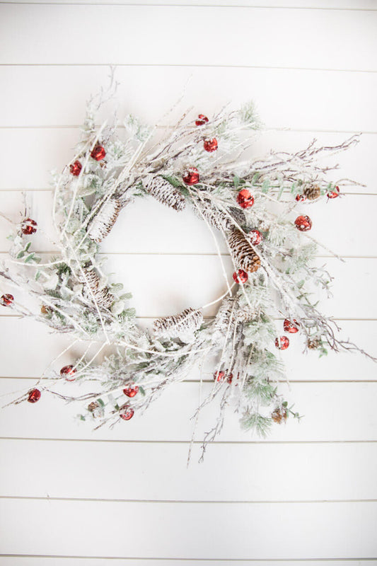 24” Christmas Flocked Pine Wreath with Jingle Bells Festive Snowy Holiday Door Decor