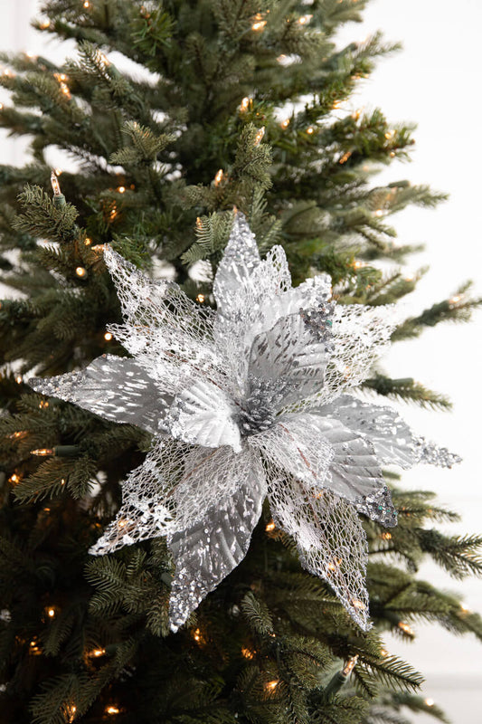 22” x 14" Velvet Sheer Poinsettia Stem in Silver for Holiday Decor