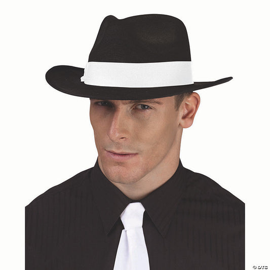 1 Piece(s): Adults Black Polyester Fedora Hat with White Ribbon Costume Accessory | USA Decoration®