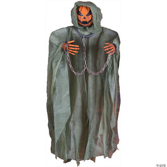 36-Inch Hanging Pumpkin with Tattered Ghost Shroud and Shackled Arms Halloween Decoration