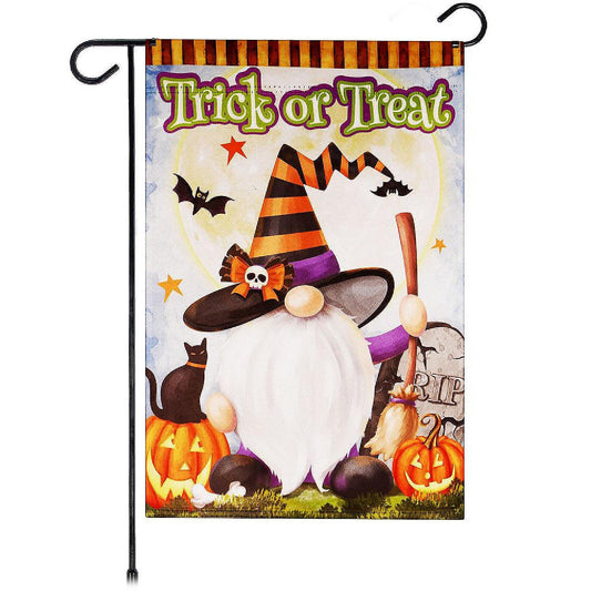 G128 - Garden Flag Halloween Decoration Trick or Treat Witch Hat Gnome with Broom 12"x18 | USA Decoration®