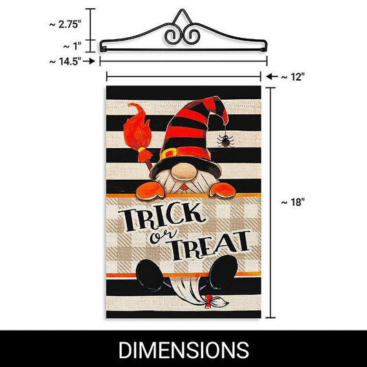 G128 Garden Flag Hanger 14IN & Garden Flag 12x18 IN Halloween Trick Treat Gnome Double Sided