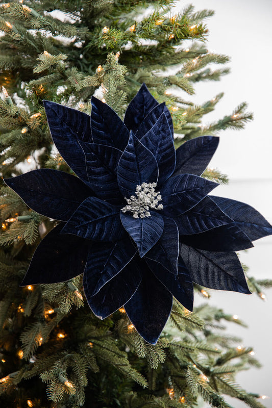 22" x 17" Giant Velvet Poinsettia Stem Midnight Blue Christmas Floral Decoration