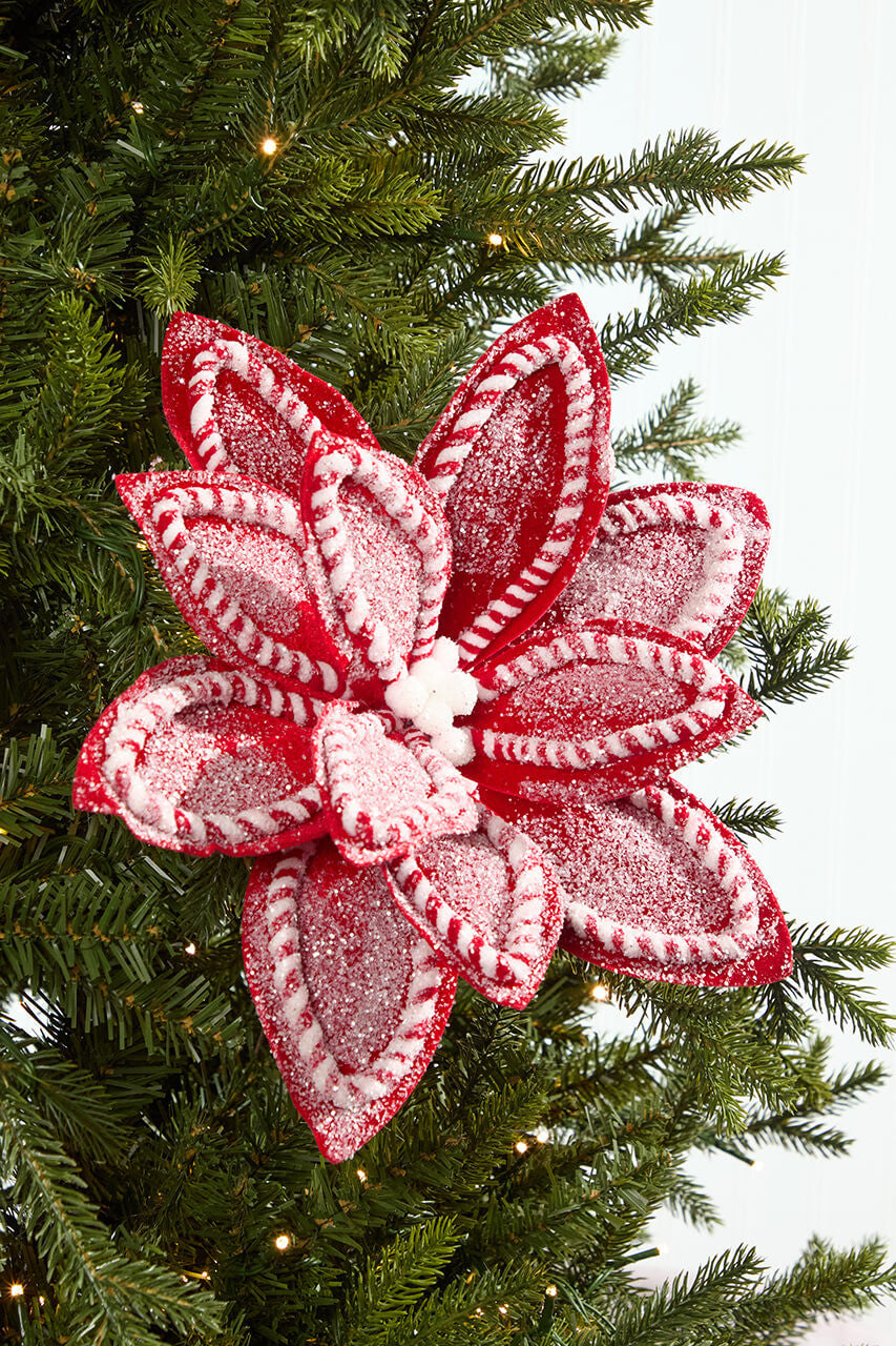22? Red & White Sugar & Spice Poinsettia Stem Frosted Peppermint Floral Accent