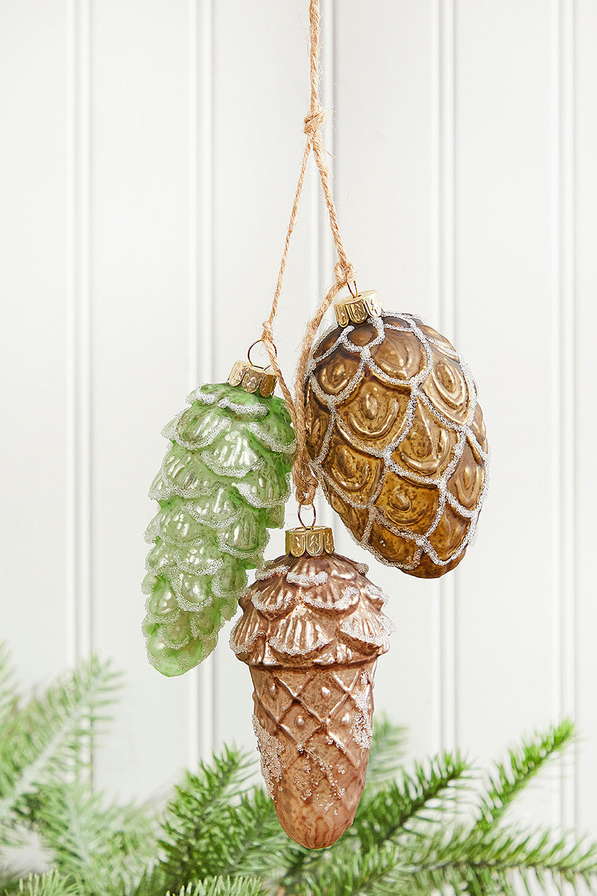 10" Acorn and Pinecone Glass Ornament Rustic Holiday Decoration