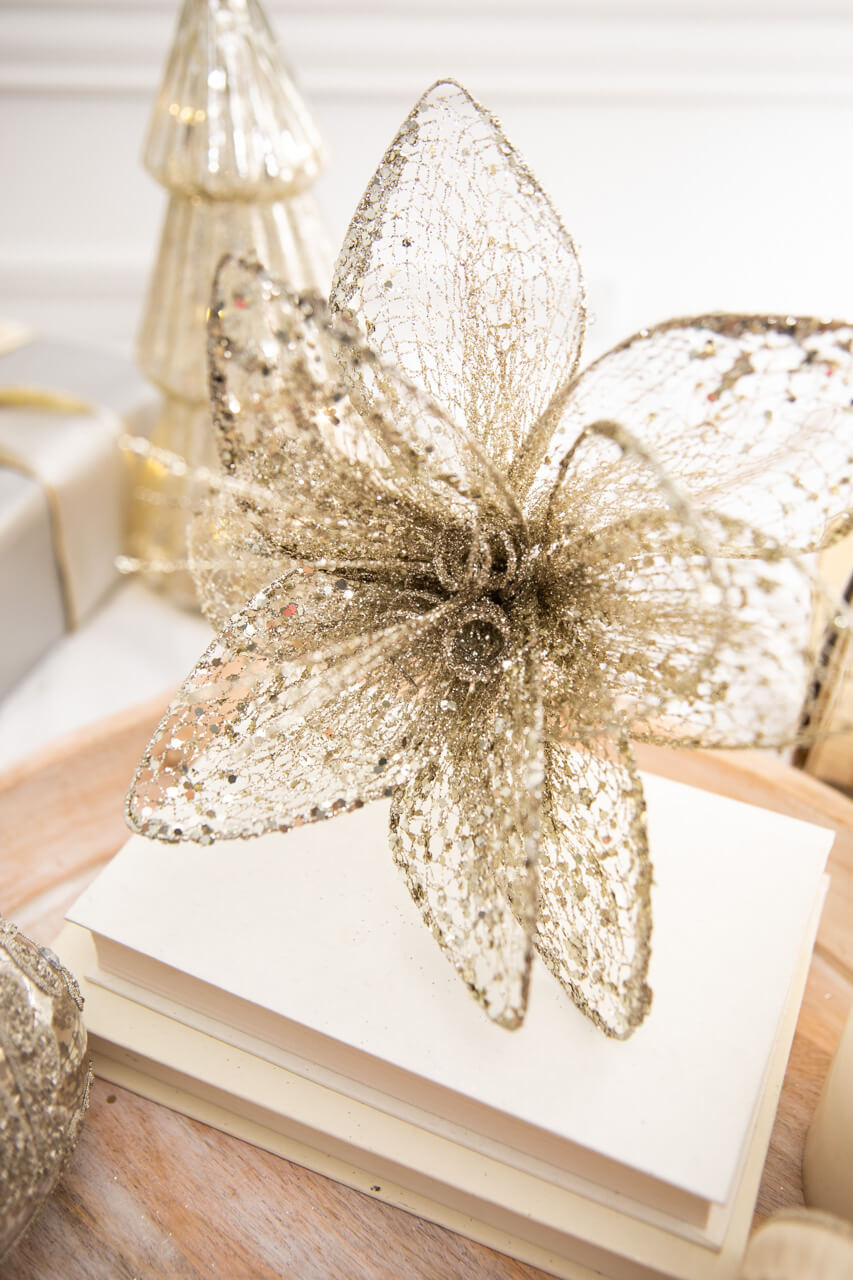 24” x 12" Champagne Glitter Sequin Mesh Poinsettia Stem
