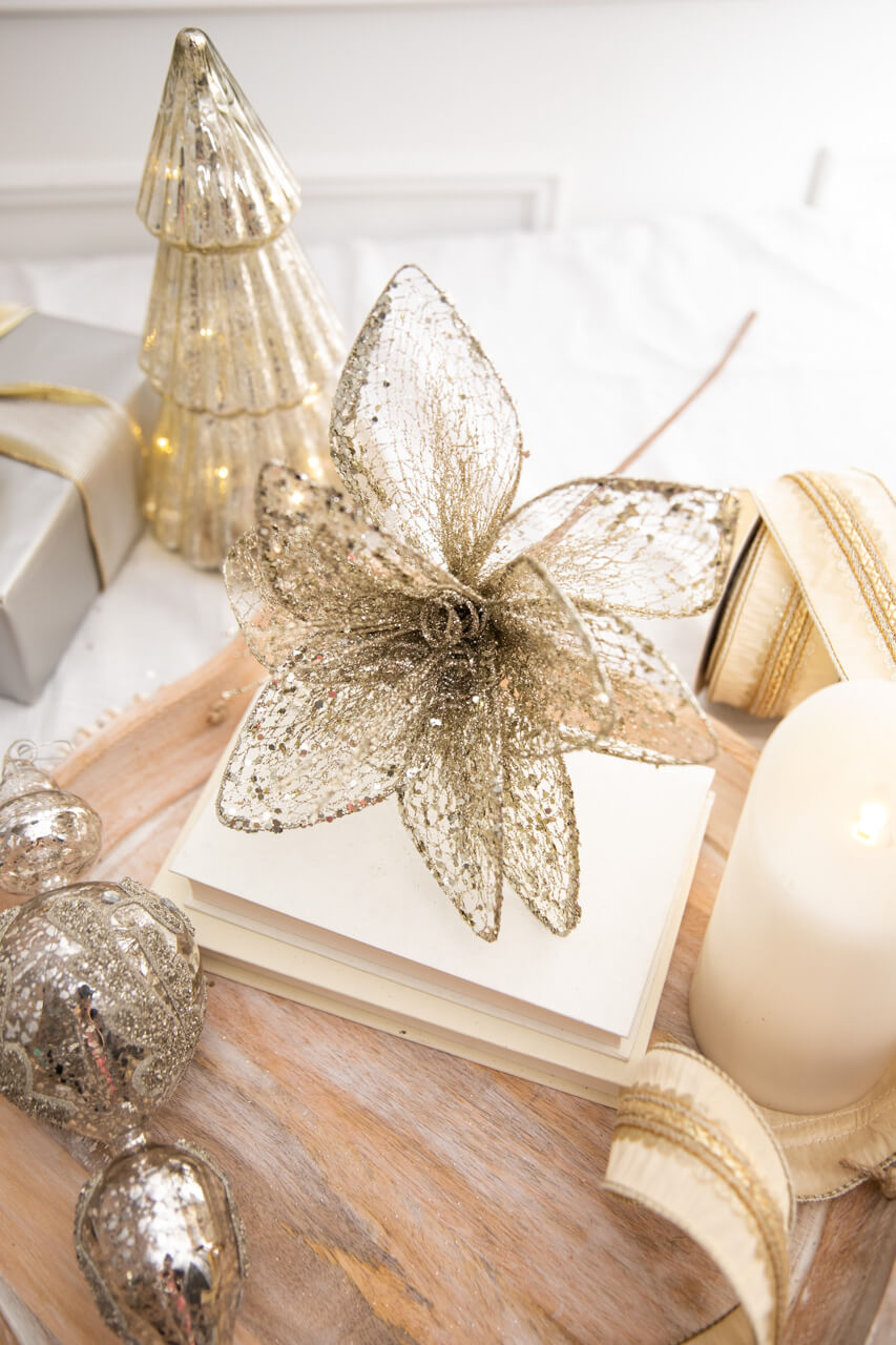 24” x 12" Champagne Glitter Sequin Mesh Poinsettia Stem