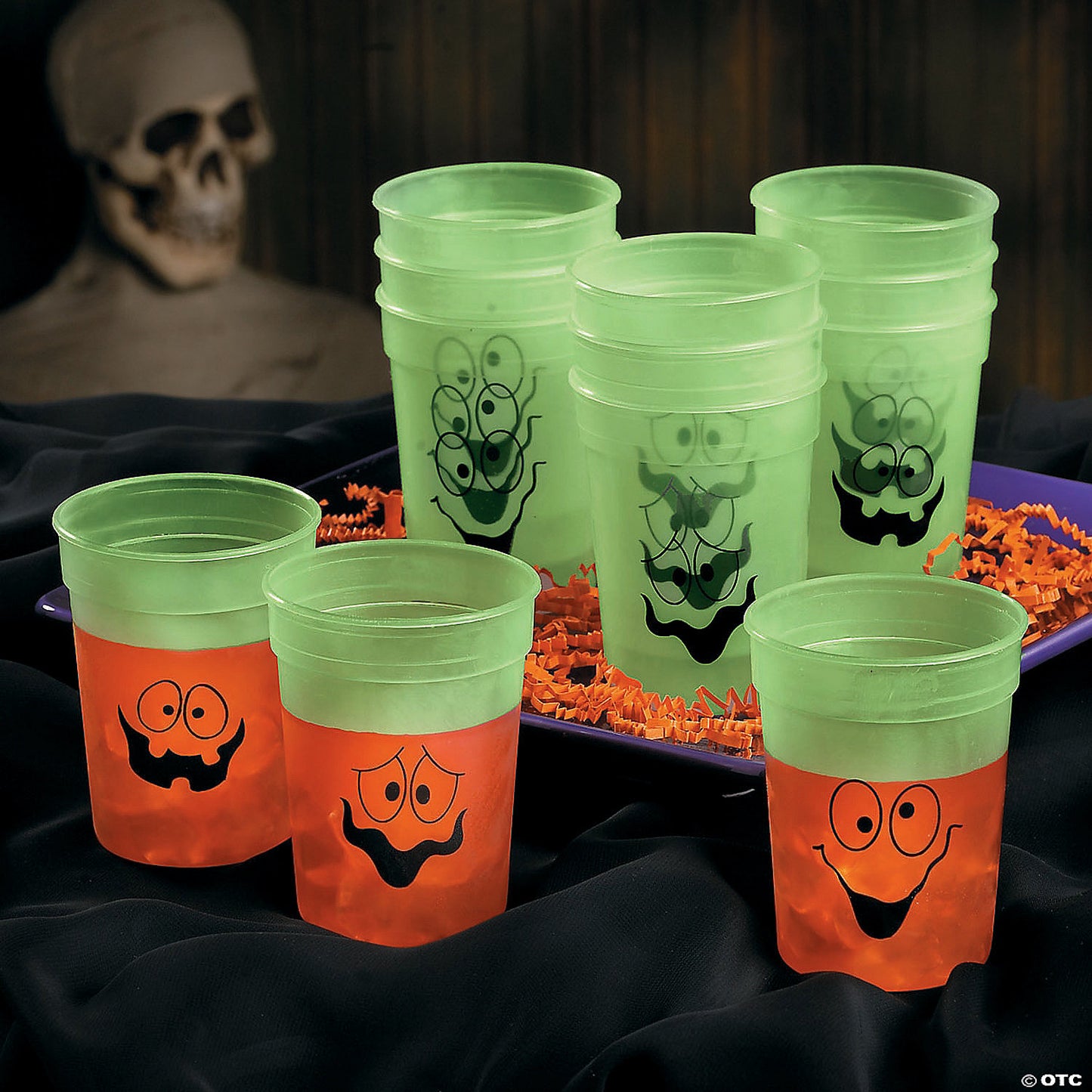 Glowing Spooky Face Halloween Plastic Cups - 12 Pc. | Perfect for Festive Dinner Parties | USA Decoration®