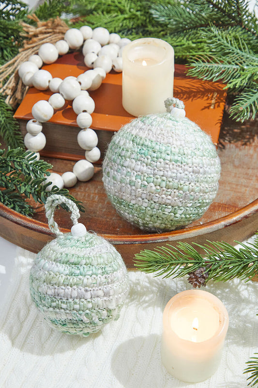 Green and White Knit Ball Ornaments Set of 2 for Cozy Holiday Charm