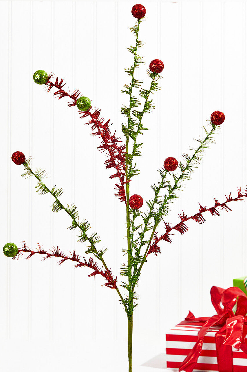 Glitter Mica Ball Curly Stem Spray 35 Inch Red Green Christmas Decoration