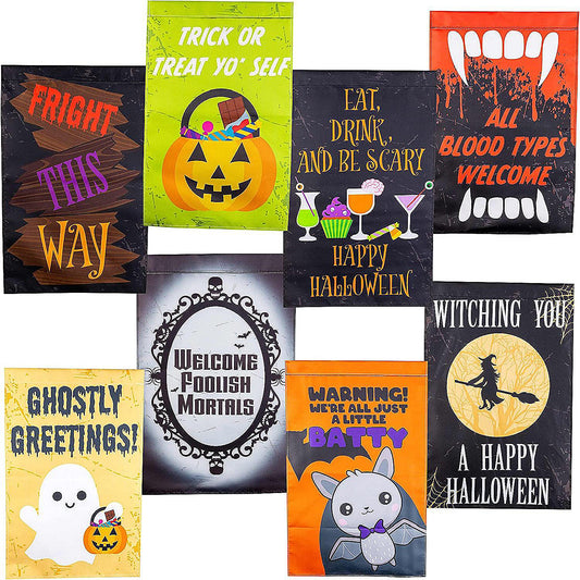 Halloween Garden Flags Value Pack w Lawn Poles- (8 Different 12" x 18" Signs) - Outdoor Weatherproof Banners - Spooky Halloween Yard Fall Decor - Interchangeabl | USA Decoration®