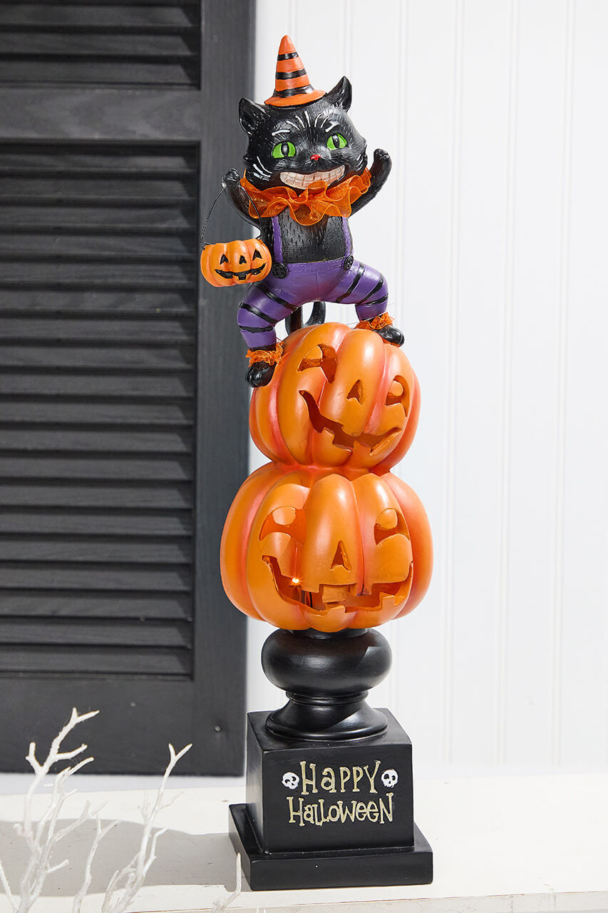 21" LED Resin Pumpkin and Cat Stack Halloween Decoration