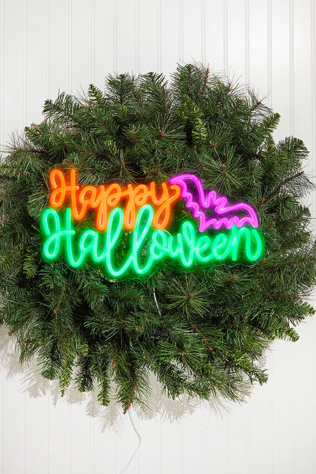 17.7" Happy Halloween Lit Neon Sign with Bat Accent