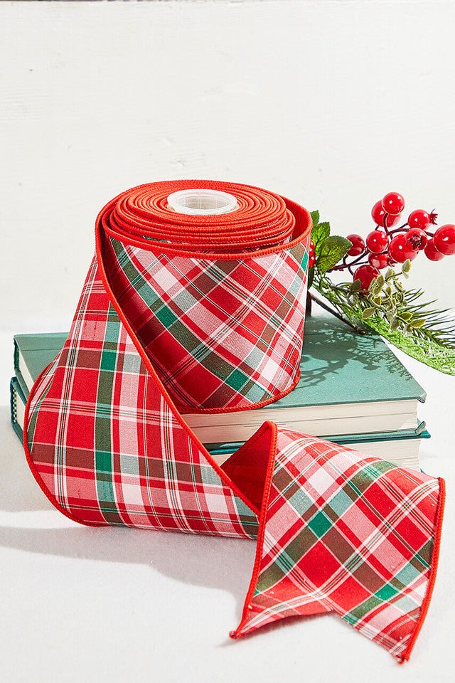 4" x 10 Yard Red, Green, and White Holiday Plaid Dupioni Ribbon Christmas Wired Craft & Gift Decoration