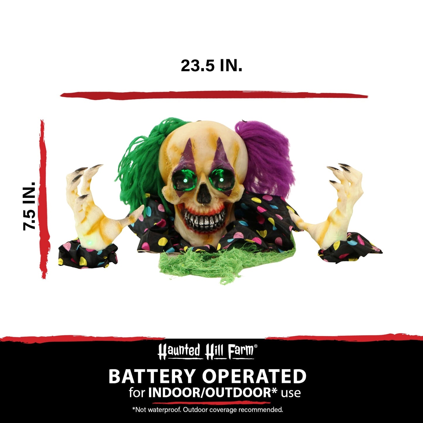 Haunted Hill Farm 7.8" Talking Groundbreaker Clown with Flashing Green Eyes, Battery-Operated