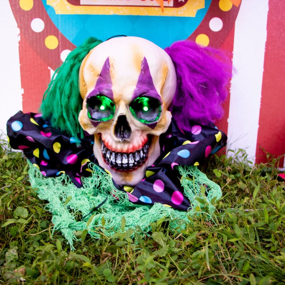 Haunted Hill Farm 7.8" Talking Groundbreaker Clown with Flashing Green Eyes, Battery-Operated