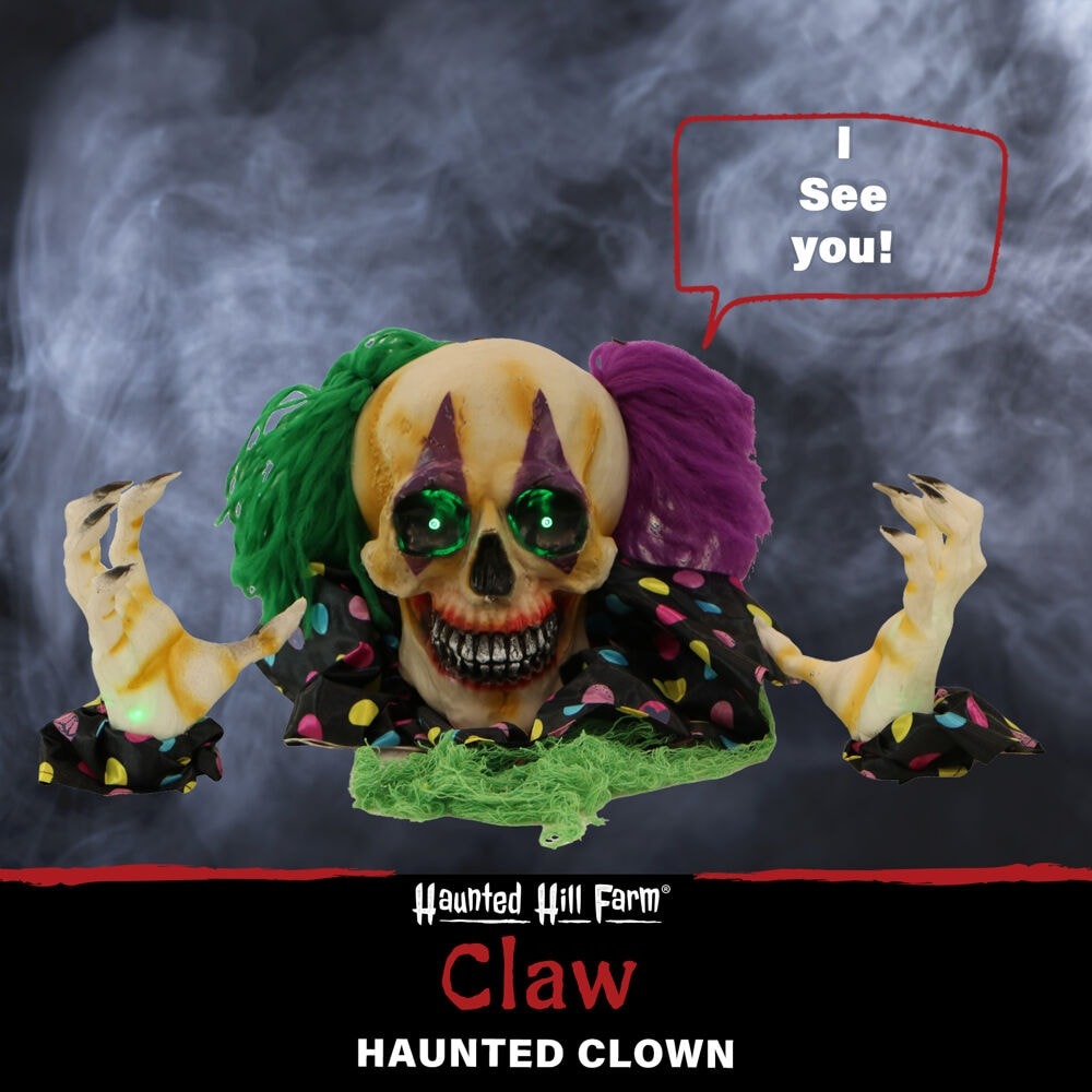 Haunted Hill Farm 7.8" Talking Groundbreaker Clown with Flashing Green Eyes, Battery-Operated
