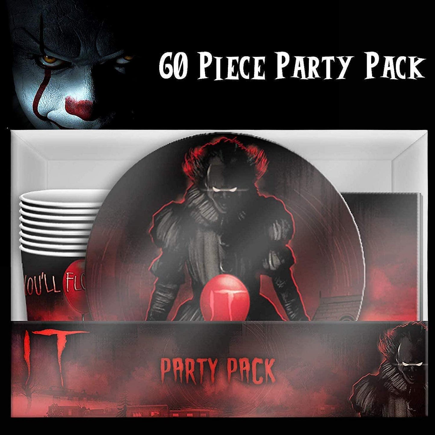 IT Pennywise 60 Piece Party Tableware Set Cups Plates Napkins | USA Decoration®