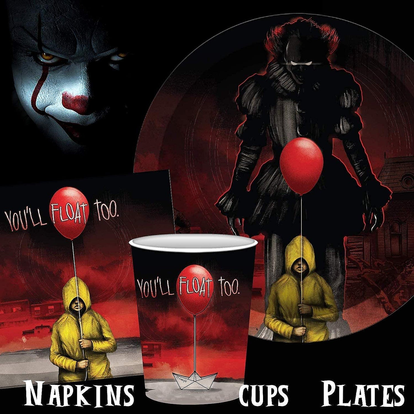 IT Pennywise 60 Piece Party Tableware Set Cups Plates Napkins | USA Decoration®