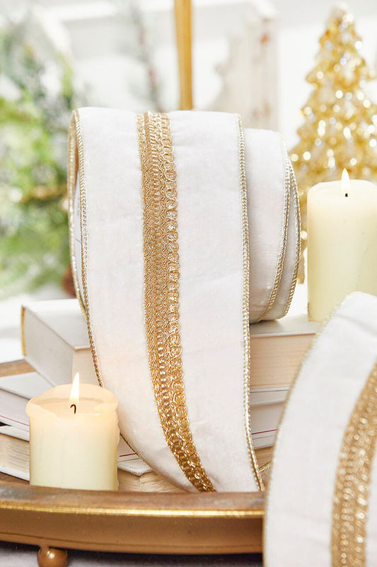 4" x 5 Yard White and Gold Velvet Ribbon Elegant Holiday Craft Ribbon