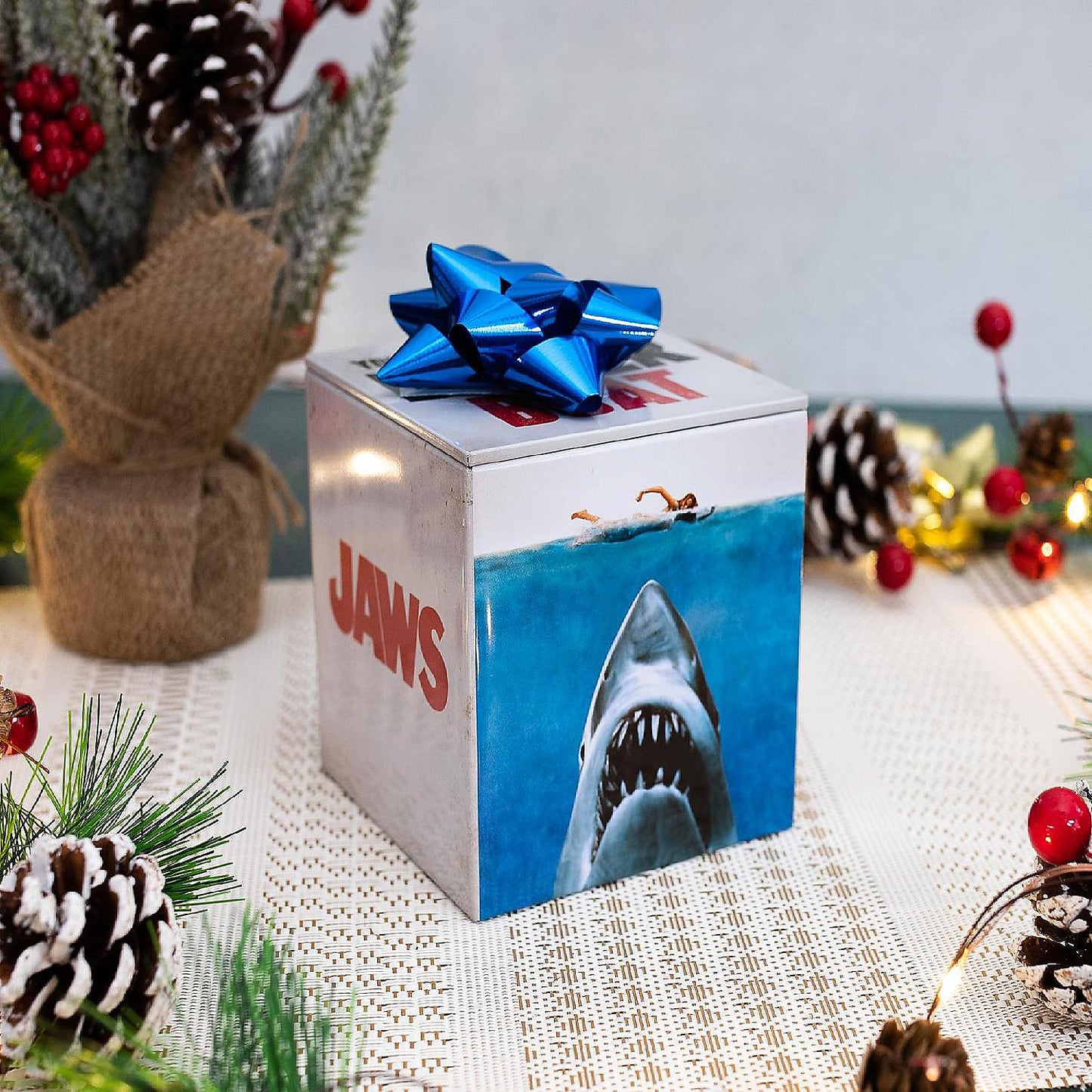 JAWS Logo Tin Storage Box Cube Organizer with Lid 4 Inches | USA Decoration®