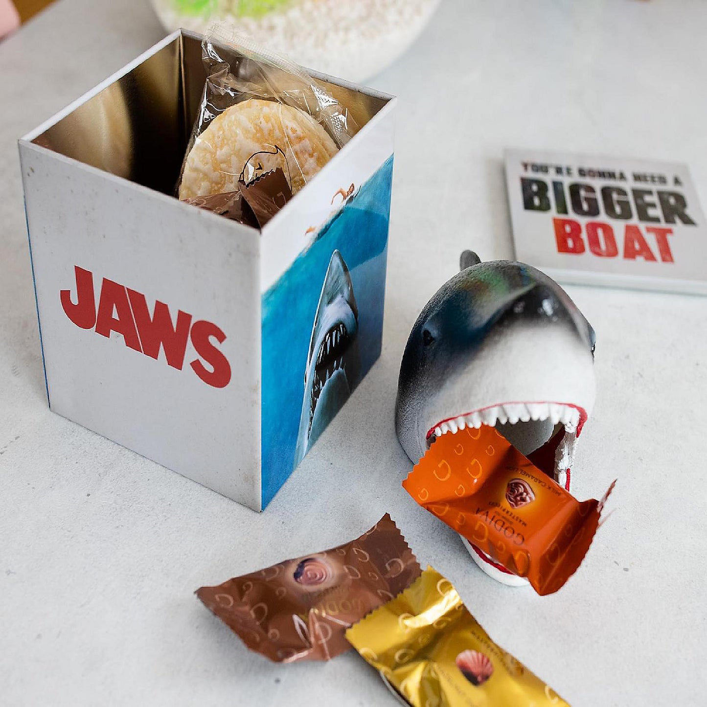 JAWS Logo Tin Storage Box Cube Organizer with Lid 4 Inches | USA Decoration®