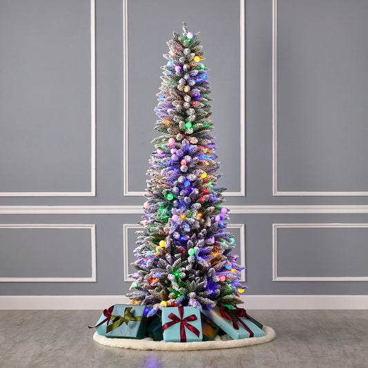 7' Slim Snow Kissed Pine Tree with 250 Multicolor LED Lights Festive Space-Saving Design