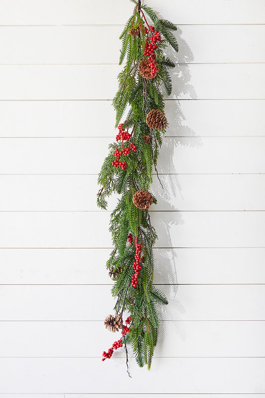 48" Pine Juniper Berry Garland Winter Greenery with Pinecones & Blue Berries for Seasonal Décor