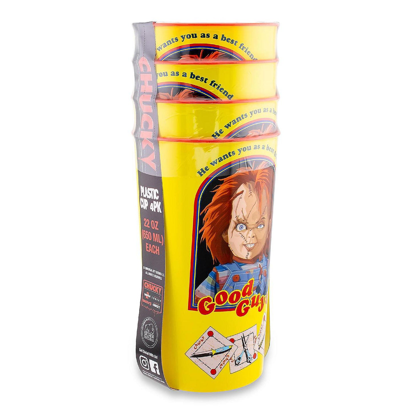 Kids Play Chucky "Good Guys" 4-Piece Plastic Cup Set Each Holds 22 Ounces | USA Decoration®