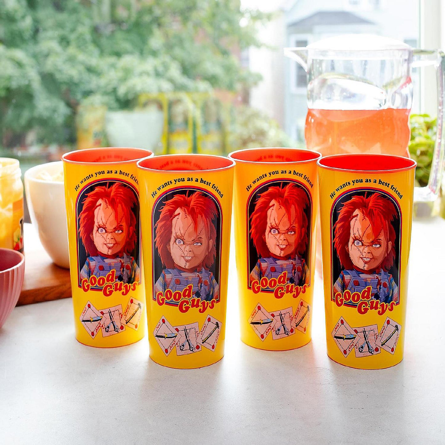 Kids Play Chucky "Good Guys" 4-Piece Plastic Cup Set Each Holds 22 Ounces | USA Decoration®