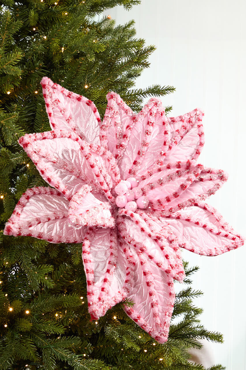 30" Giant Candy Snow Glitter Poinsettia Stem in Pink and Red