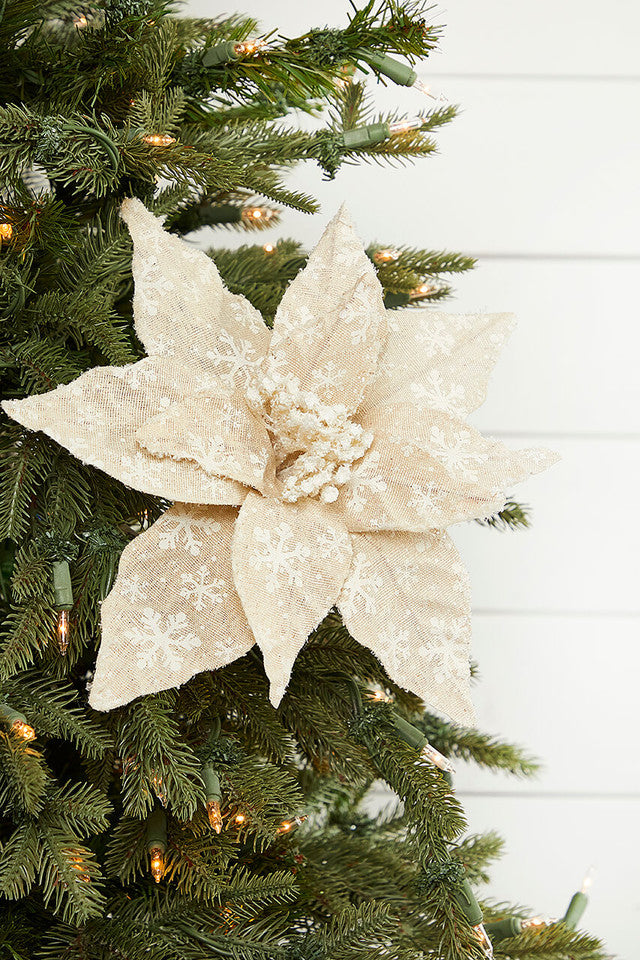 22” x 12" Linen Snowflake Poinsettia Stem for Holiday Decor