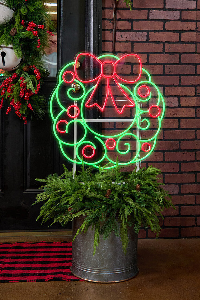23" Wreath with Swirl Lit Neon Sign and Metal Yard Stake Festive Outdoor Holiday Decoration