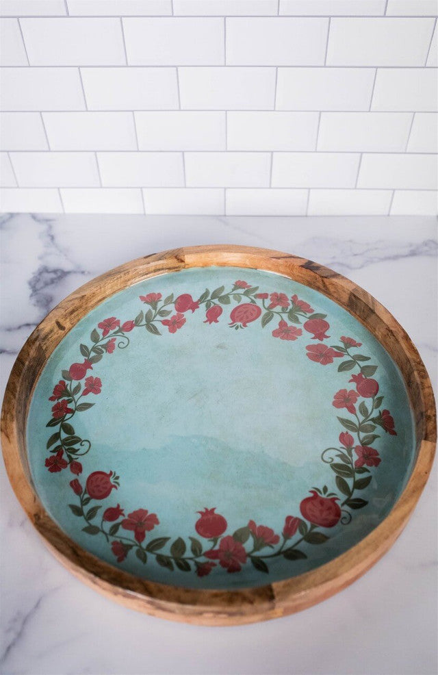 15" Mango Wood Pomegranate Wreath Tray Handcrafted Rustic Home Decor & Serving Platter