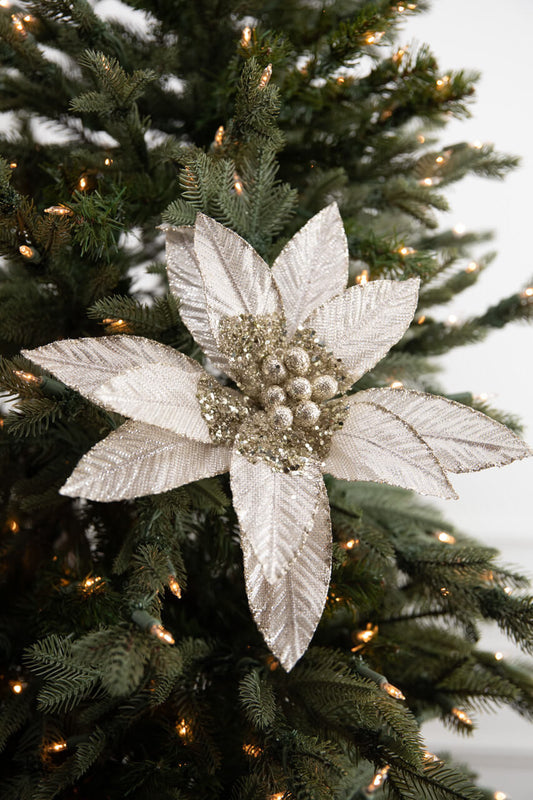 22” x 13" Metallic Bead Poinsettia Stem Elegant Artificial Christmas Flower for Holiday Decorations