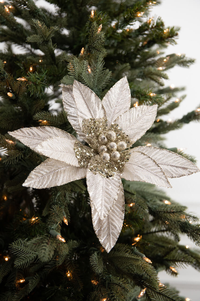 22” x 13" Metallic Bead Poinsettia Stem Elegant Artificial Christmas Flower for Holiday Decorations