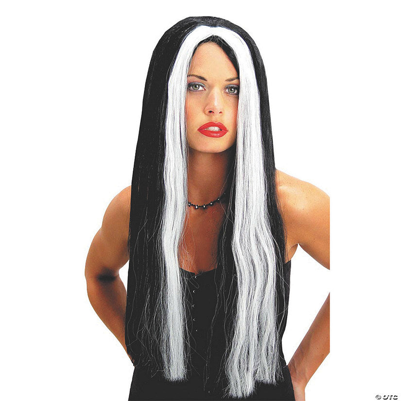 1 Piece(s): Adults Black With White Streak Long Wig | USA Decoration®