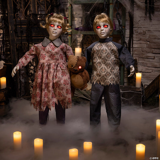 3 Ft. Animated Light-Up Apocalypse Twins with Stuffed Bear Halloween Decoration | USA Decoration®