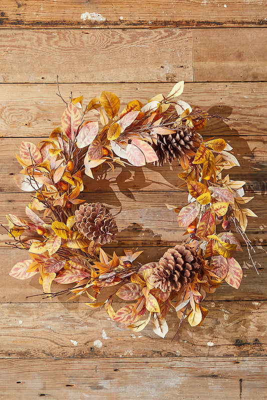 24" Natural Leaf & Berry Cone Wreath Rustic Fall and Holiday Wreath with Pinecones & Greenery