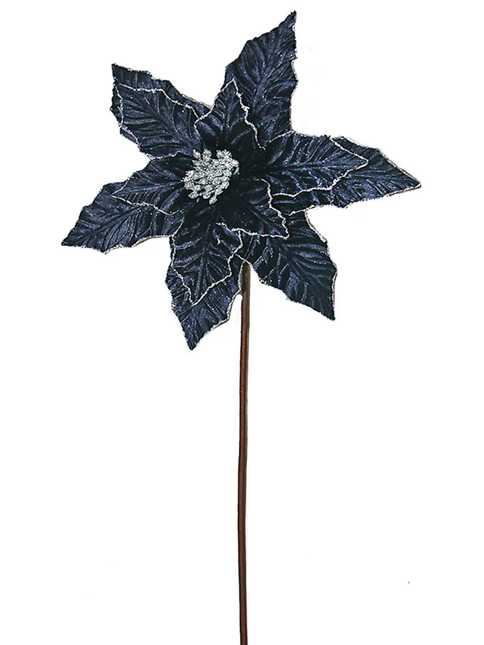 24” x 12.5" Navy Glitter Edge Velvet Poinsettia Stem
